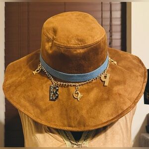 Baby Phat Boho Vegan Suede Wide Brim Hat Blue Band Chain Charm Accents